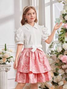 Conjunto de 2 piezas para niña preadolescente compuesto por blusa con mangas de jacquard 3D y parche, y falda de jacquard floral - Multicolor - Ver 3