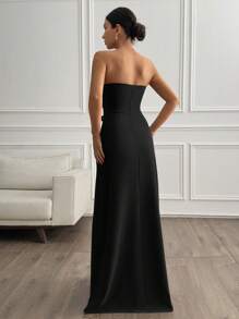 EURMUSE Women's Solid Ruched Front Elegant Maxi Dress - Black - View 2