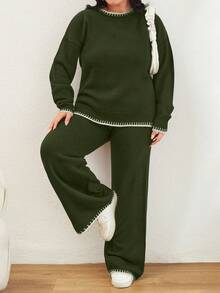 EURMUSE Color Block Edged Long Sleeve Sweater And Knitted Pants Two Piece Set - Army Green - View 4