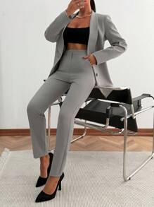 EURMUSE WOMEN ELEGANT SUIT SET WITH BUTTON DETAILED - Light Grey - View 4