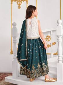 3pcs Tween Girls Sequined Pattern Cami Top, Skirt & Shawl 2 Pieces Set - Multicolor - View 2