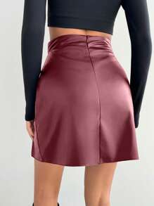 SHEIN Tall Women's Pu Leather Mini Pleated Burgundy Skirt - Burgundy - View 2