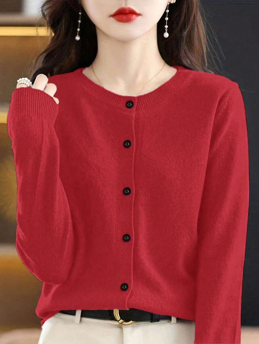 EMERY ROSE Damen lässige einfarbige Knopf-Strickjacke für Herbst/Winter als Neujahrsbekleidung