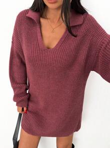 EURMUSE Women Solid Color Collar Neck Drop Shoulder Midi Sweater Dress,Petite - Burgundy - View 6