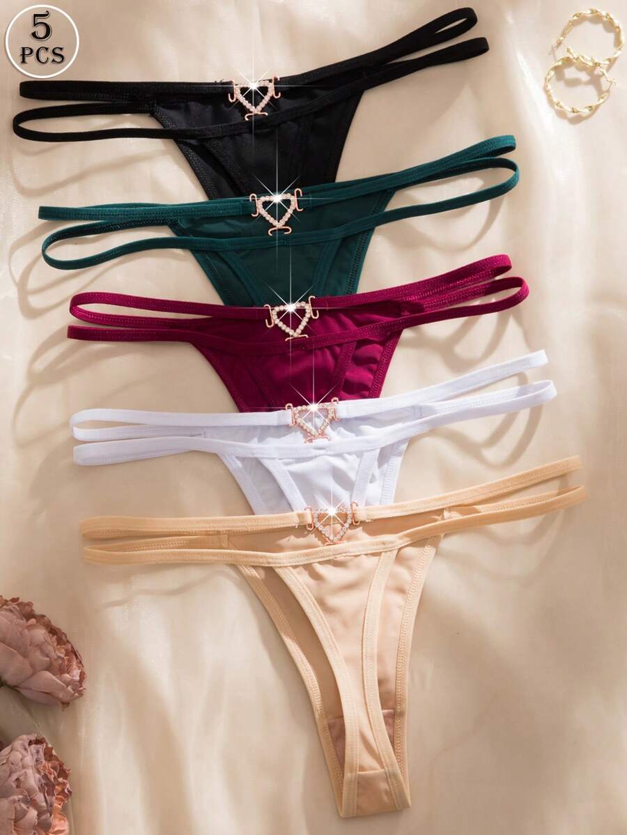 5 sztuk/zestaw wygodnych, romantycznych, jednokolorowych damskich stringów z kryształkami w kształcie serca, seksowne majtki