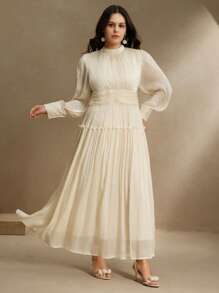 Anewsta Váy dài tay cỡ lớn cho nữ có tay bồng đặc biệt, xếp ly eo và cổ đứng, váy chữ A trang trọng - Rượu sâm banh - Xem 2