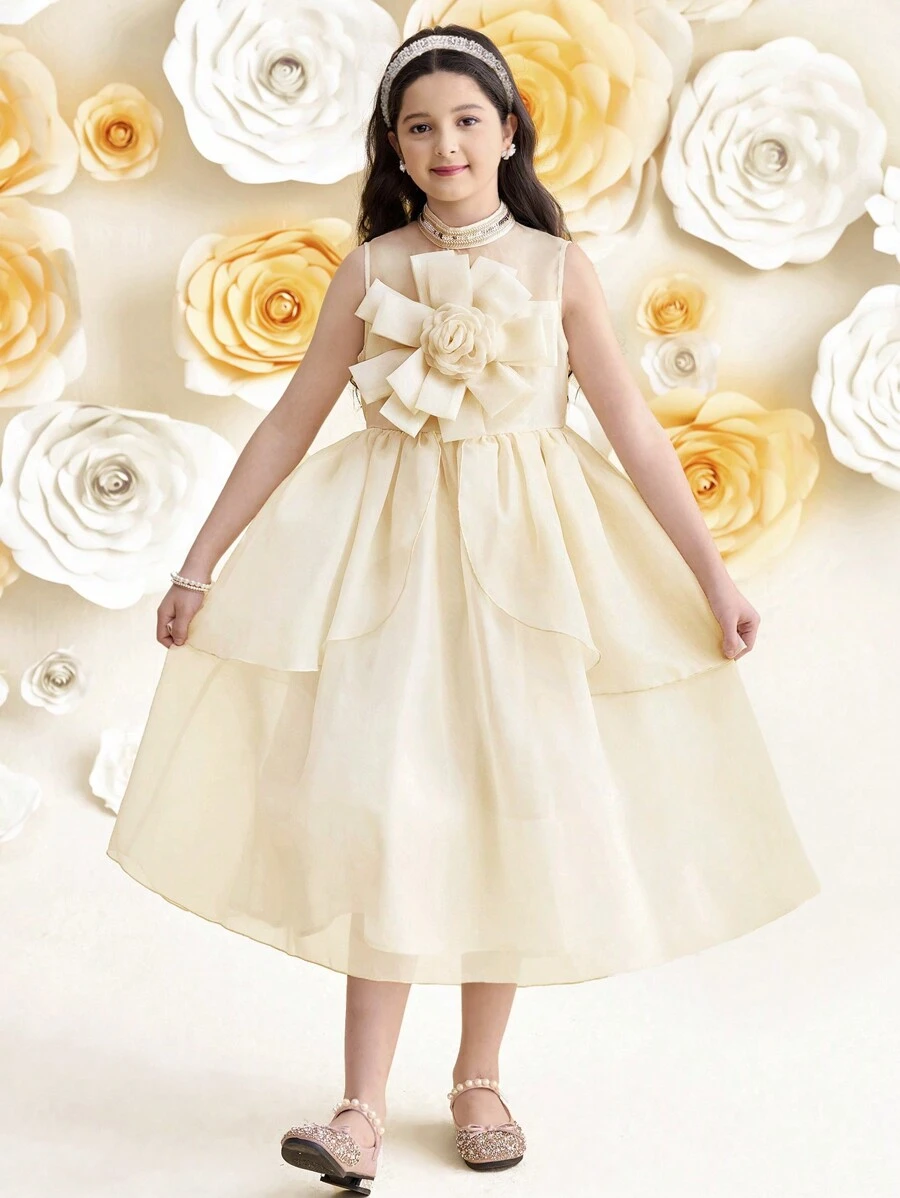 SHEIN Tween-Mädchen Elegantes Organza-Kleid mit Blumenmuster, Stehkragen und doppellagigem Saum aus Jacquard - Aprikosenfarben - Übersicht 1