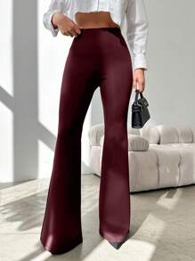 EURMUSE Women's Casual Solid Color High Waist Flare Leg Pants - Burgundy - View 5