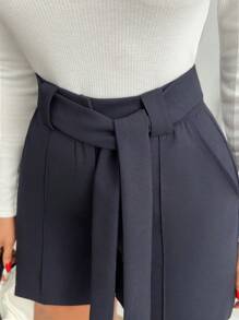 RueChic Casual Plain High Waist Shorts - Navy Blue - View 5