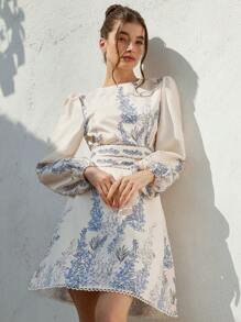 Revavyn 法式复古宫廷风优雅A字迷你连衣裙，小圆领，腰部镂空设计，灯笼袖，复古定位印花，腰部收紧设计，春秋季波西米亚度假时尚风格 - 彩色 - 查看 4