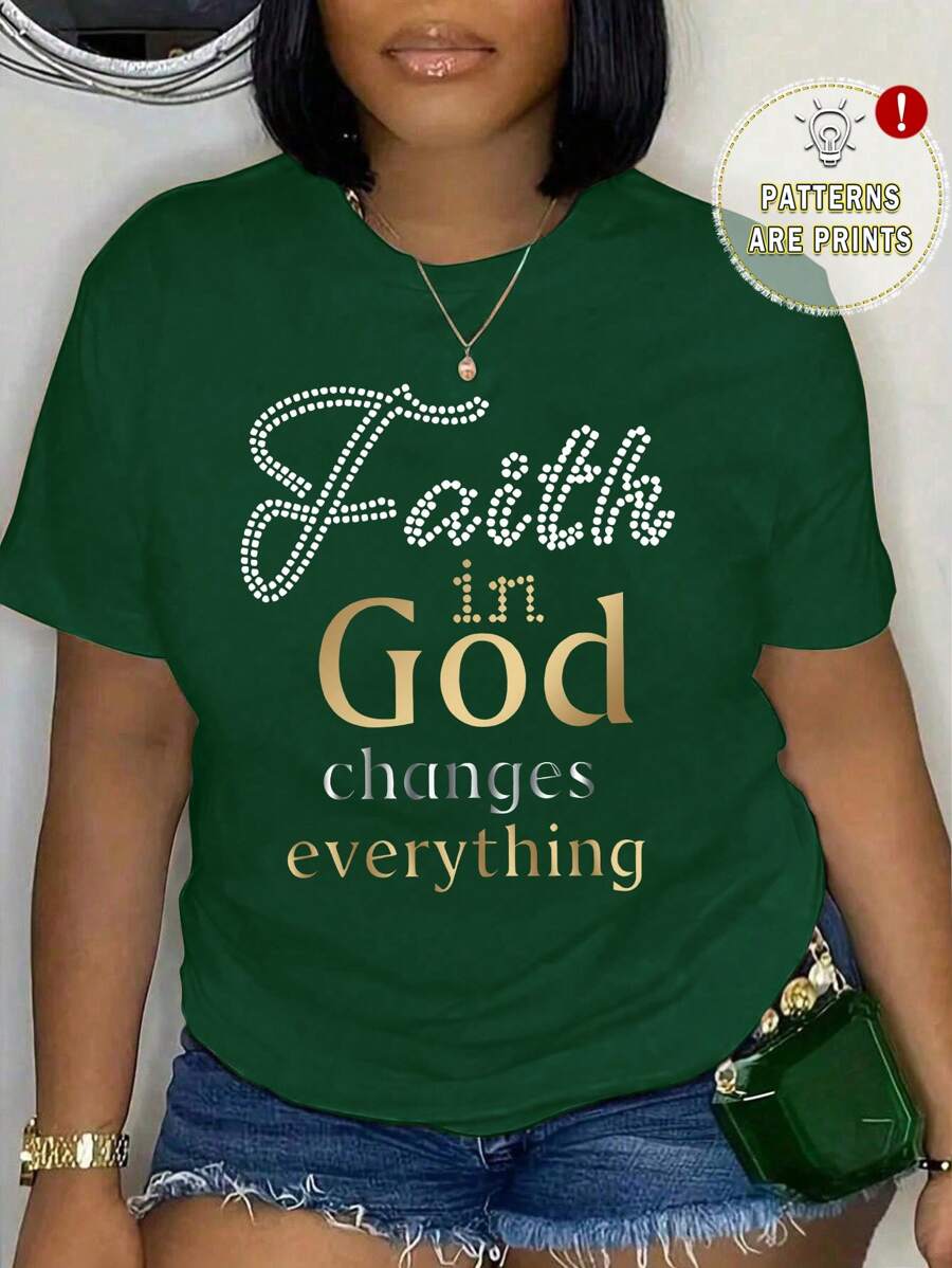 EMERY ROSE Áo thun in chữ "Faith In God Changes Everything" cỡ lớn dành cho nữ, Áo thun thể thao tay ngắn thời trang thường ngày, Thời trang dạo phố, Mùa hè - Màu xanh lá cây đậm - Xem 1