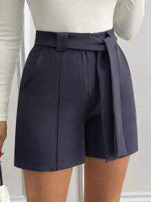 RueChic Casual Plain High Waist Shorts - Navy Blue - View 6