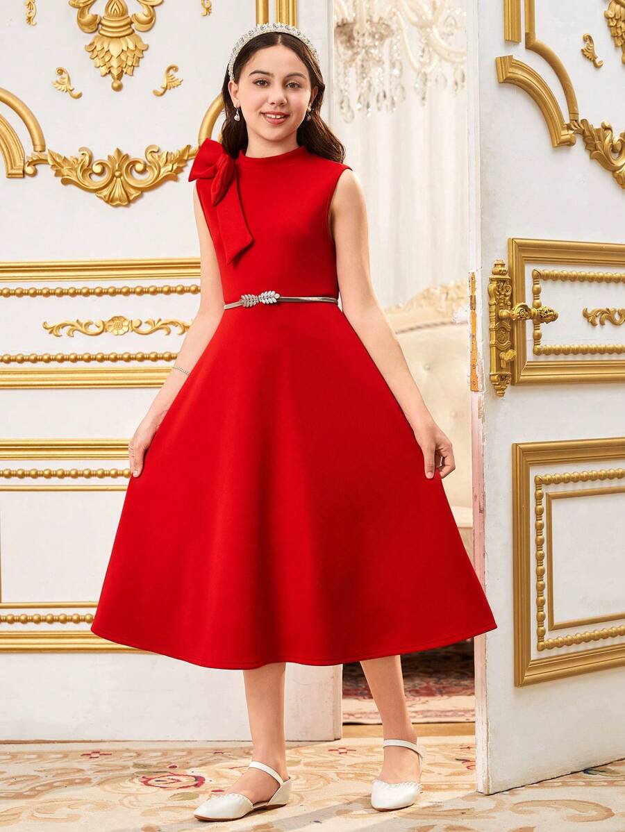 SHEIN 青少年女孩修身可爱蝴蝶结立领无袖连衣裙