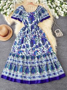SHEIN فستان طابع نمطي تقليدي مطبوع بزهور للفتيات المراهقات، طراز للعطلات - متعدد الألوان - مشاهدة 7