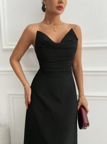 EURMUSE Women's Solid Ruched Front Elegant Maxi Dress - Black - View 3