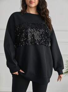 RueChic Plus Size Fashion Sequin Splice Drop Shoulder Loose Sweatshirt - Black - View 3