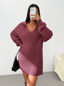 EURMUSE Women Solid Color Collar Neck Drop Shoulder Midi Sweater Dress,Petite - Burgundy - View 5