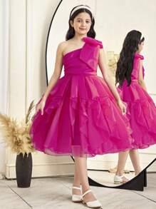 SHEIN Tween Girls' Exaggerated Ruffle One Shoulder Bow Organza Dress - Hot Pink - View 10