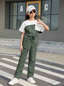SHEIN Leap Crew 青少年女孩都市时尚梭织上衣，撞色拼接，宽松长裤，两件套服装 - 橄欖綠 - 查看 6