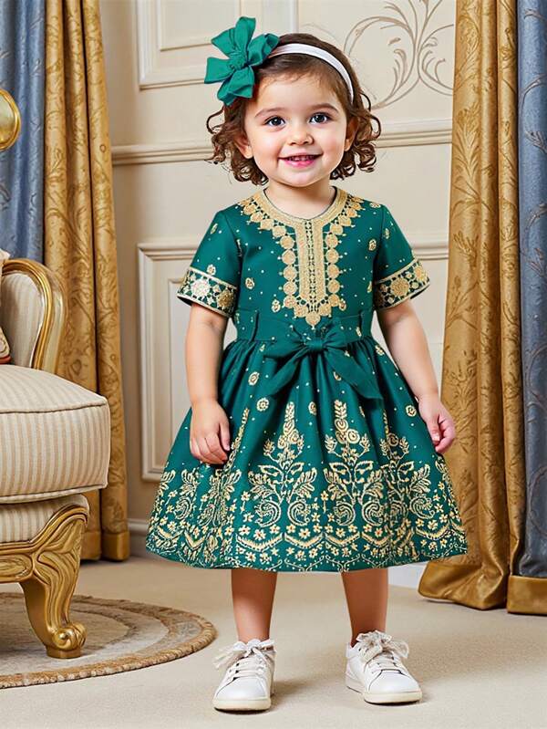 Rochie elegantă pentru fetițe, cu gât rotund, cu mânecă scurtă, cu fundă, imprimeu în față