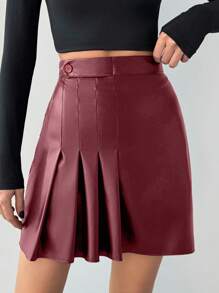 SHEIN Tall Women's Pu Leather Mini Pleated Burgundy Skirt - Burgundy - View 3