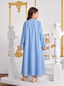 Tween Girls Golden Line Woven Strap Vest Dress Robe 2pcs Set - Blue - View 2