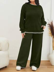 EURMUSE Color Block Edged Long Sleeve Sweater And Knitted Pants Two Piece Set - Army Green - View 1
