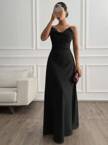 EURMUSE Women's Solid Ruched Front Elegant Maxi Dress - Black - View 6