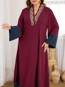 Al Najma Elegant Round Neck Color Block Plus Size Dress, Modest Kaftan Maxi Dresses, For Evening Party/Wedding Guest/Anniversary