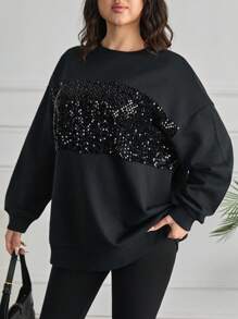RueChic Plus Size Fashion Sequin Splice Drop Shoulder Loose Sweatshirt - Black - View 1