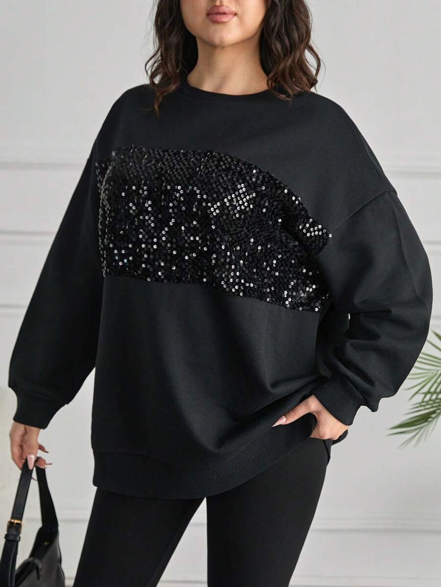 RueChic Plus Size Fashion Sequin Splice Drop Shoulder Loose Sweatshirt - Black - View 1