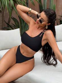 Swim SXY New Solid Color Asymmetrical Neck Sexy Halter Bikini Set, Summer Beach Vacation Outfit For Women - Black - View 4