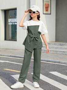 SHEIN Leap Crew 青少年女孩都市时尚梭织上衣，撞色拼接，宽松长裤，两件套服装 - 橄欖綠 - 查看 4