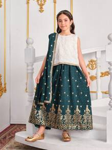 3pcs Tween Girls Sequined Pattern Cami Top, Skirt & Shawl 2 Pieces Set - Multicolor - View 5