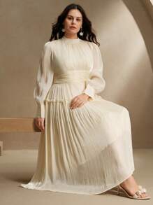 Anewsta Váy dài tay cỡ lớn cho nữ có tay bồng đặc biệt, xếp ly eo và cổ đứng, váy chữ A trang trọng - Rượu sâm banh - Xem 1