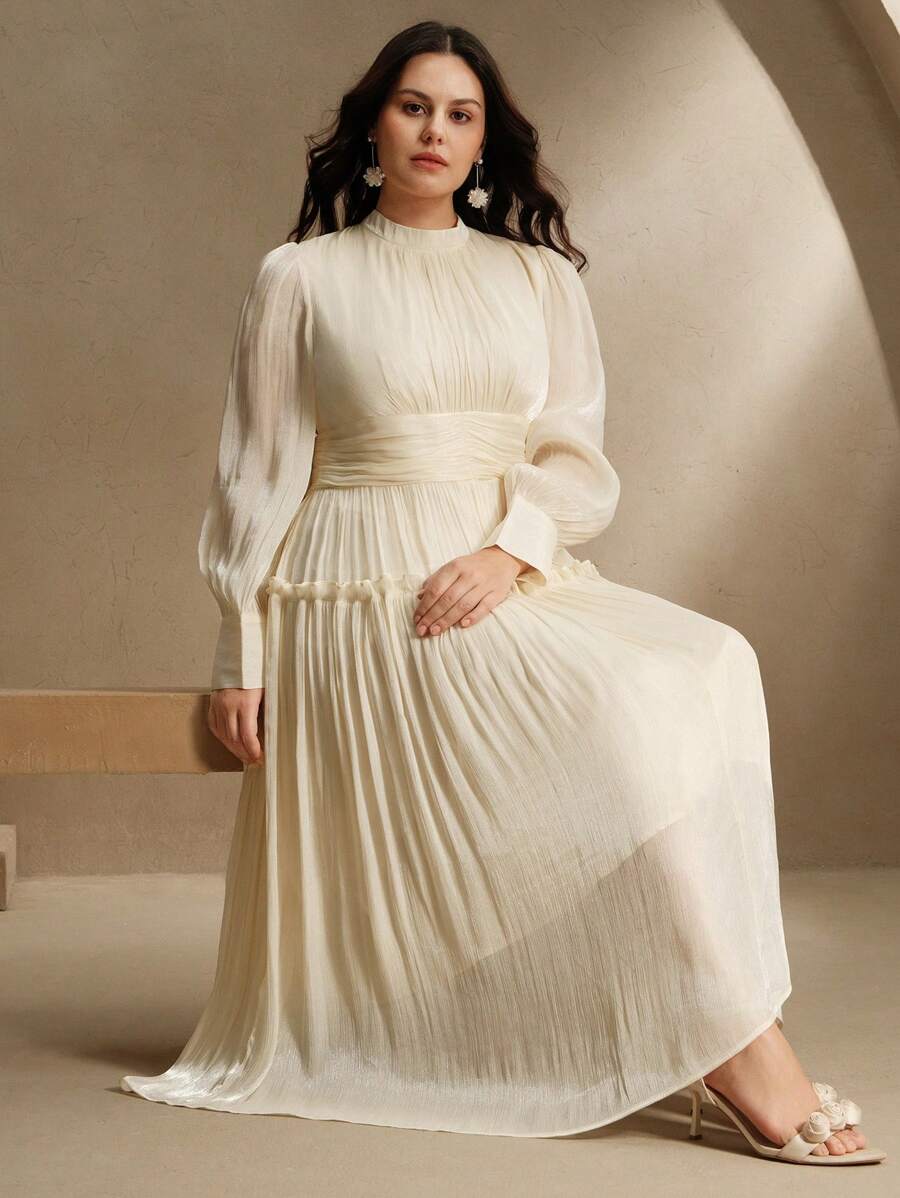 Anewsta Váy dài tay cỡ lớn cho nữ có tay bồng đặc biệt, xếp ly eo và cổ đứng, váy chữ A trang trọng - Rượu sâm banh - Xem 1