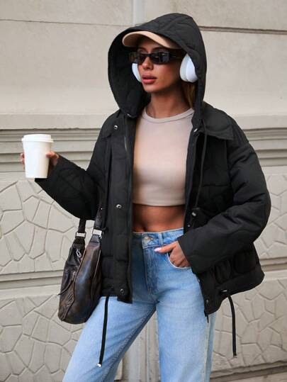 EURMUSE Women's Long Sleeve Casual Quilted Jacket Outerwear With Pockets, Snap And Zipper Front, Drawstring On Hem Detail, Removable Hood