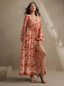 Anewsta 女士浪漫迷人复古印花长款罩衫波西米亚风、海滩、春季服装 - 橘色 - 查看 6