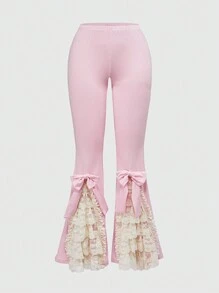 ROMWE Kawaii 女士可爱分层蕾丝边蝴蝶结紧身喇叭裤 - 粉色 - 查看 1