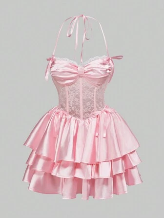 Kawaii Vestido estilo vintage elegante y romántico tipo palacio con inserciones de encaje, volantes en el bajo y moño, ideal para conjunto de fiesta del té