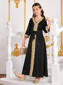 Gold Thread Trim V-Neck 3/4 Sleeve Robe With Belt For Tween Girls - Black - View 1