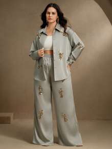 Anewsta Bộ 2 món thêu sequin xanh nhạt sang trọng cỡ lớn - Áo sơ mi và quần, trang phục xuân/hè cho nữ - màu xanh lá - Xem 4