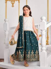 3pcs Tween Girls Sequined Pattern Cami Top, Skirt & Shawl 2 Pieces Set - Multicolor - View 3