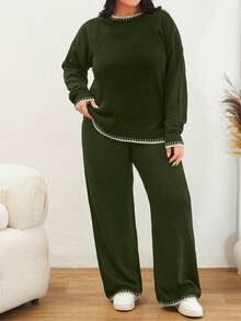 EURMUSE Color Block Edged Long Sleeve Sweater And Knitted Pants Two Piece Set - Army Green - View 6