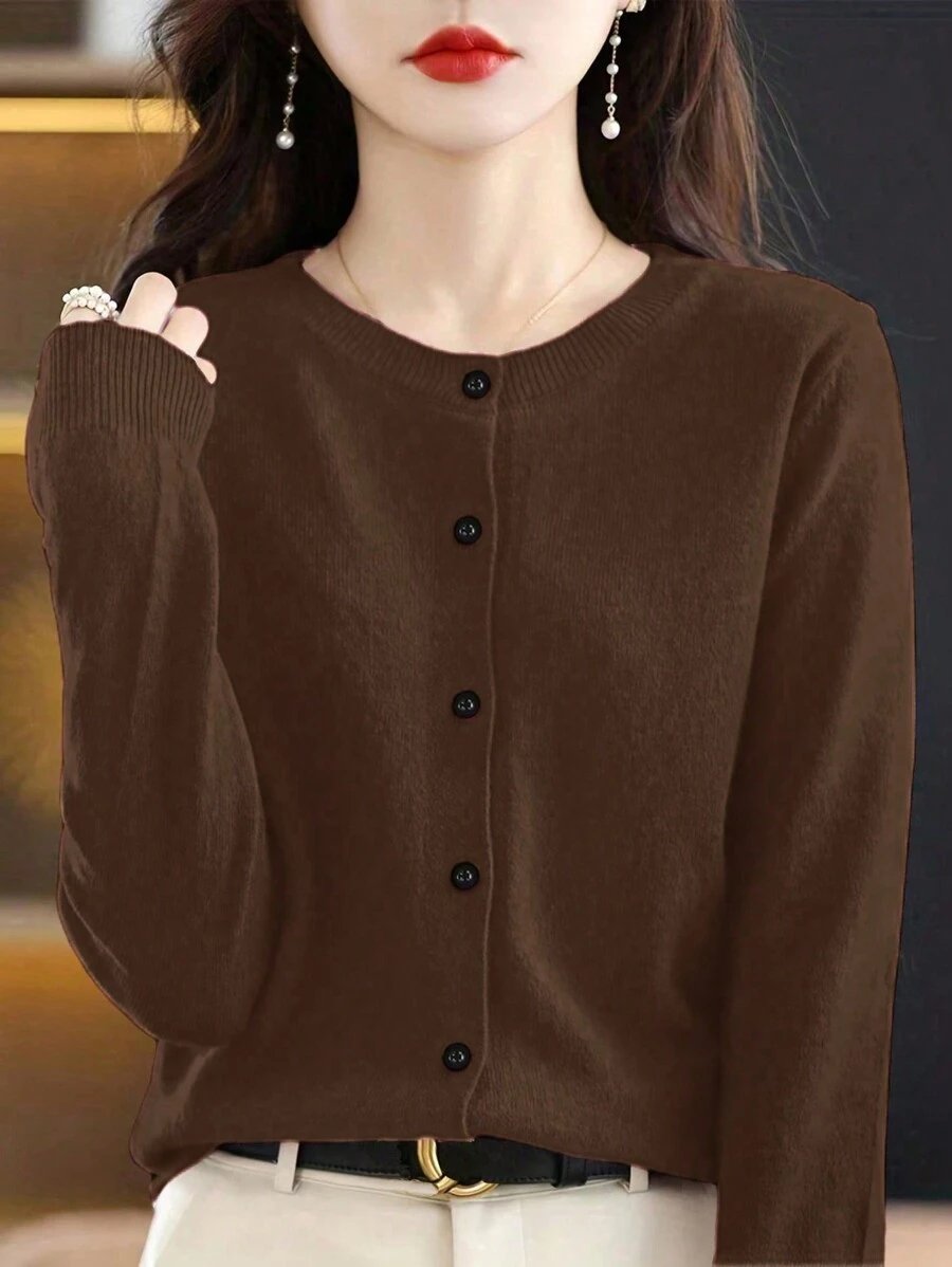 EMERY ROSE Women Simple Casual Elegant Solid Color Front Button Cardigan, Autumn/Winter Fall Cloth For Women - Coffee Brown - View 1