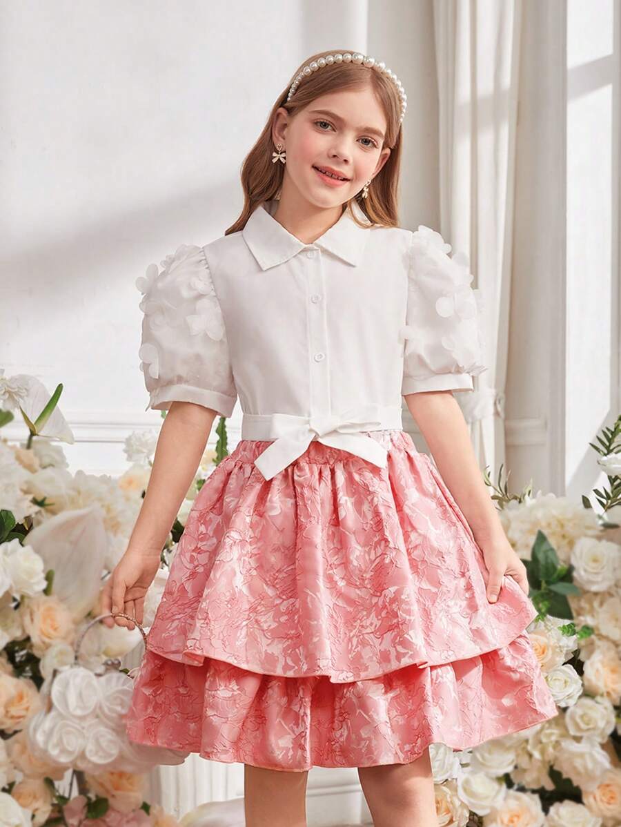 Conjunto de 2 piezas para niña preadolescente compuesto por blusa con mangas de jacquard 3D y parche, y falda de jacquard floral - Multicolor - Ver 1