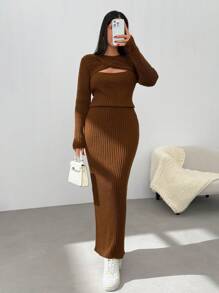 EURMUSE Women Solid Color Front Twist Cable Knit Pattern Pullover & Sweater Skirt Set - Brown - View 3