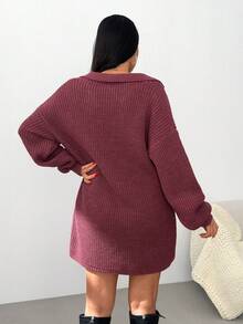 EURMUSE Women Solid Color Collar Neck Drop Shoulder Midi Sweater Dress,Petite - Burgundy - View 2