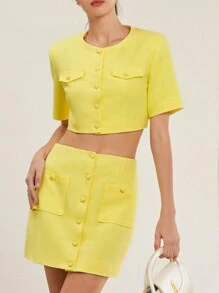 Aveloria Rosie Minimalist Sophisticated Commute & Versatile Button Design Round Neck Crop Top Paired With Straight Pocket Decor Mini Skirt 2pcs Set For Women   Old Money Style For Summer - Yellow - View 2
