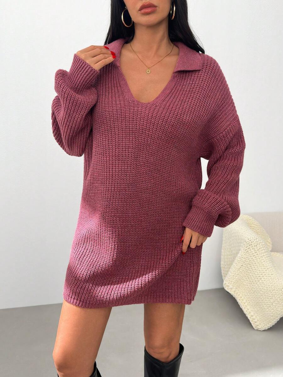 EURMUSE Women Solid Color Collar Neck Drop Shoulder Midi Sweater Dress,Petite - Burgundy - View 1